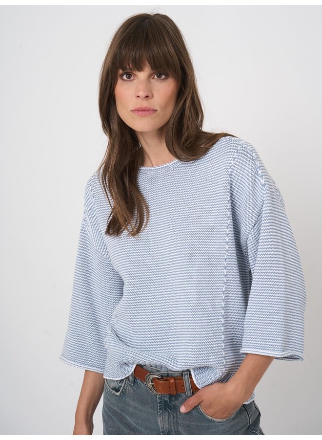 Striped cotton boat neck sweater denim