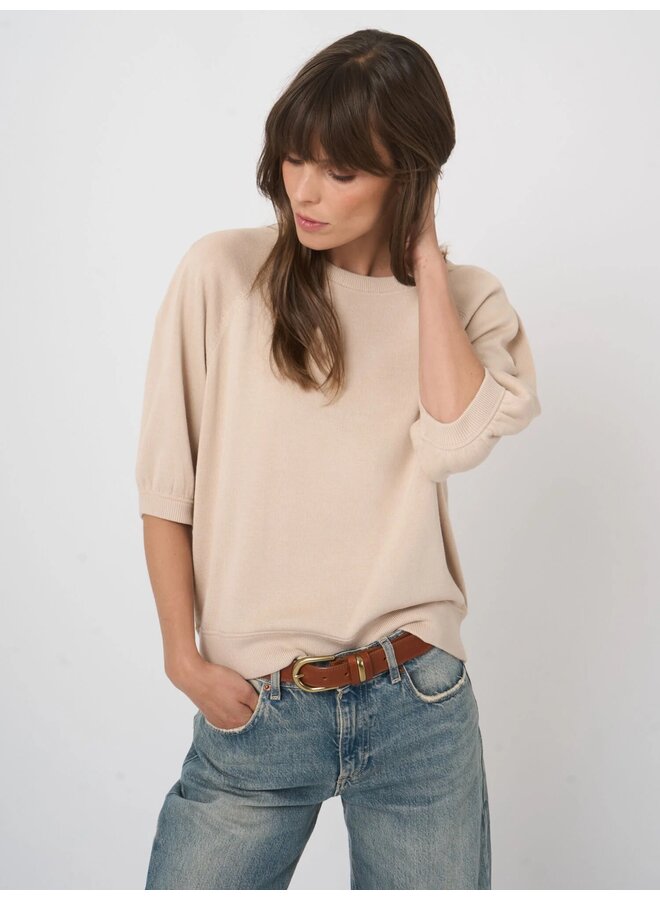 Cotton/viscose top met geplooide mouwen natural