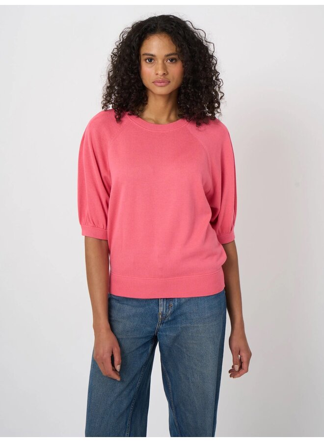 Cotton/viscose top met geplooide mouwen candy