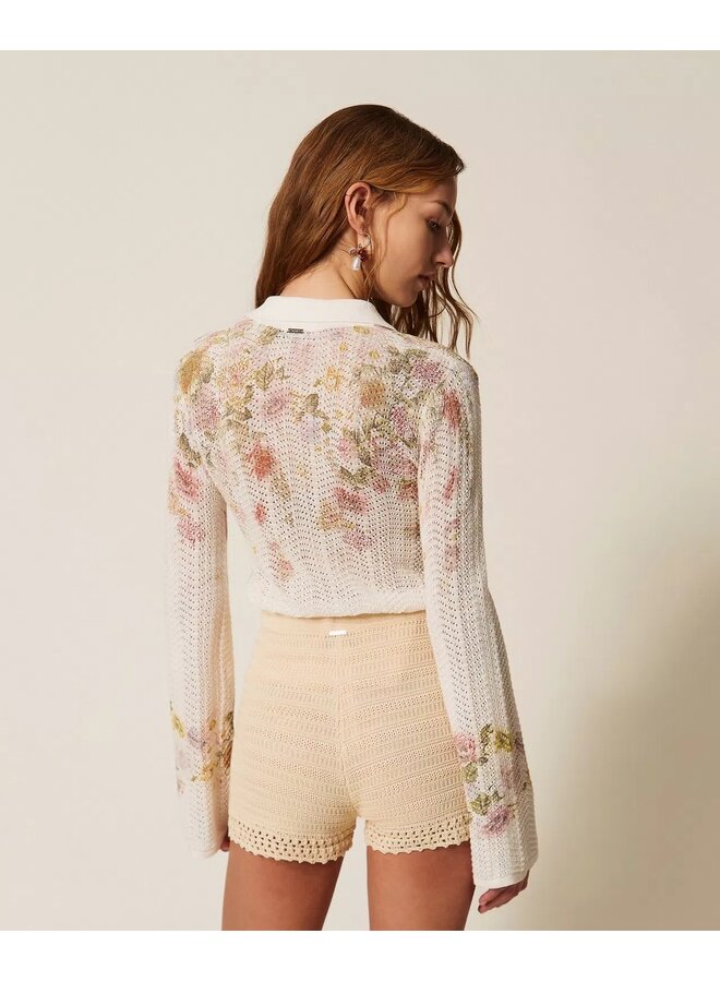 Linen blend floral knit shirt