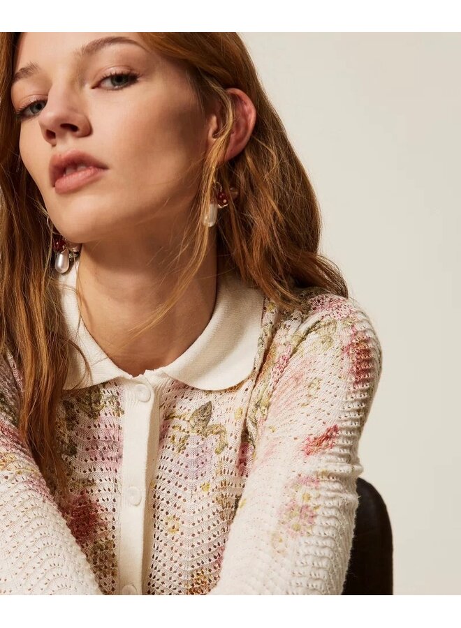 Linen blend floral knit shirt