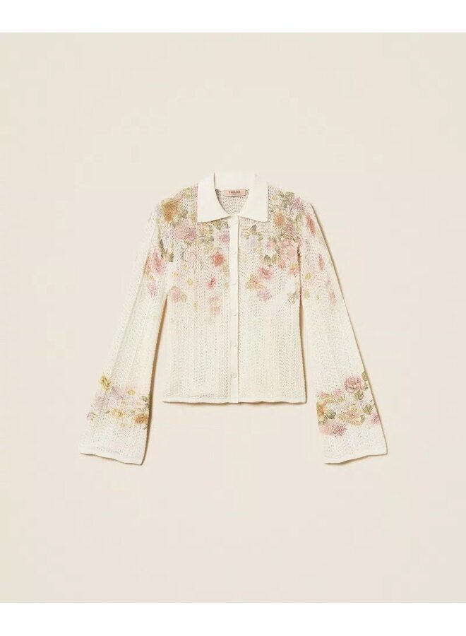 Linen blend floral knit shirt
