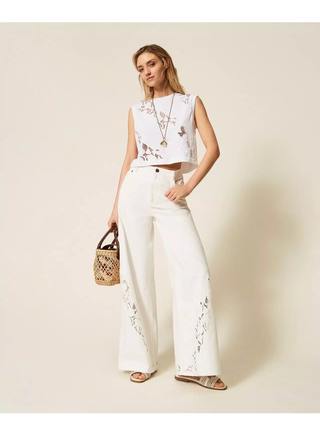 T-shirt with broderie anglaise embroidery White