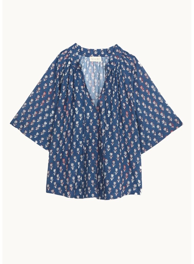 ARI PRINT gathered top indigo