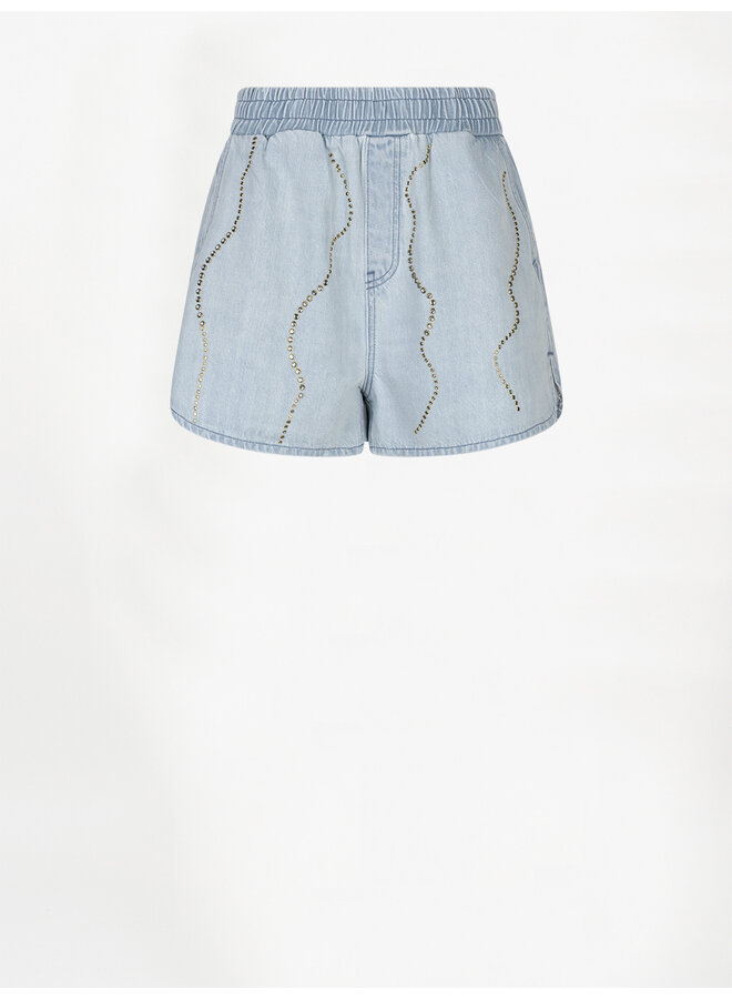 NERIDA embellished denim shorts light blue