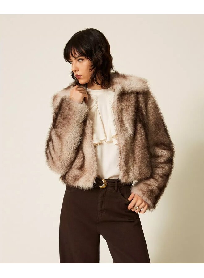 Faux fur jacket with fadeout print