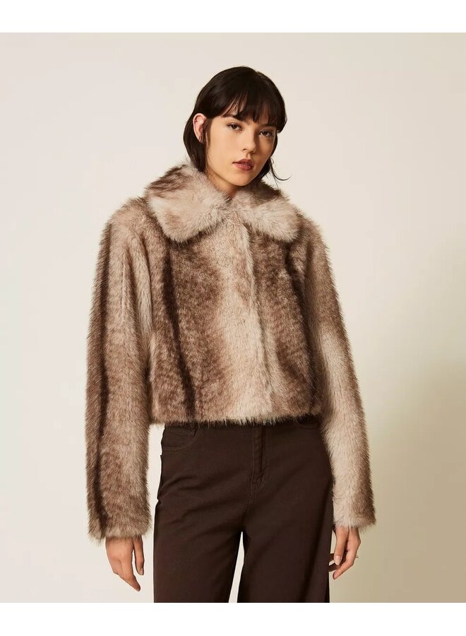 Faux fur jacket with fadeout print