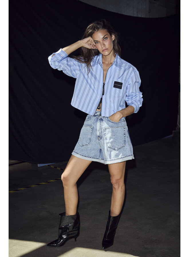 Crop Stripe Zip Shirt pale blue