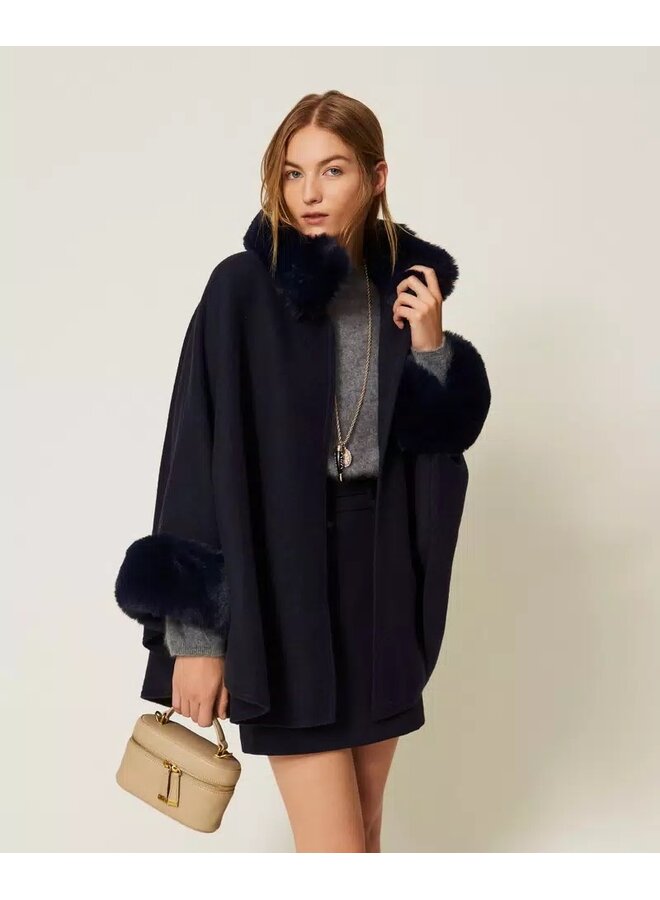 Wool poncho Faux fur Classic blue
