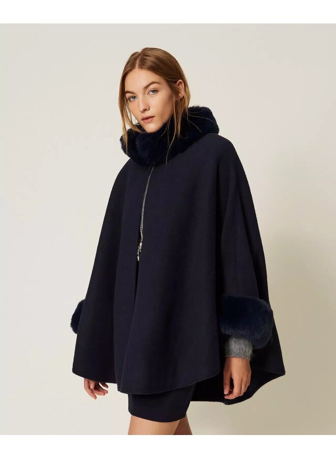 Wool poncho Faux fur Classic blue
