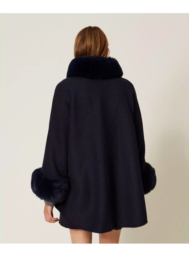 Wool poncho Faux fur Classic blue