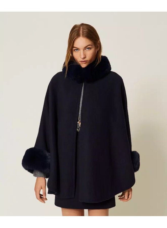 Wool poncho Faux fur Classic blue