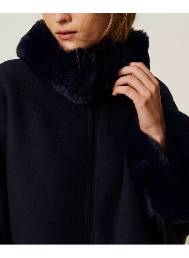 Wool poncho Faux fur Classic blue