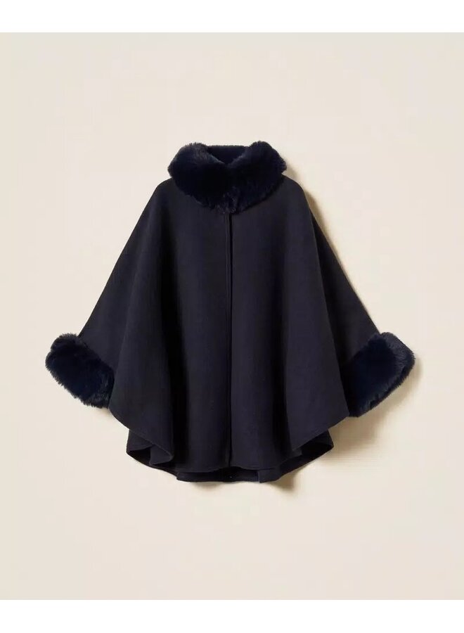 Wool poncho Faux fur Classic blue