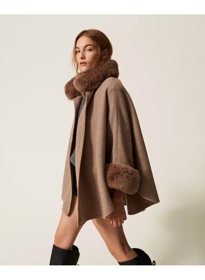 Wool poncho Faux fur Putty melange