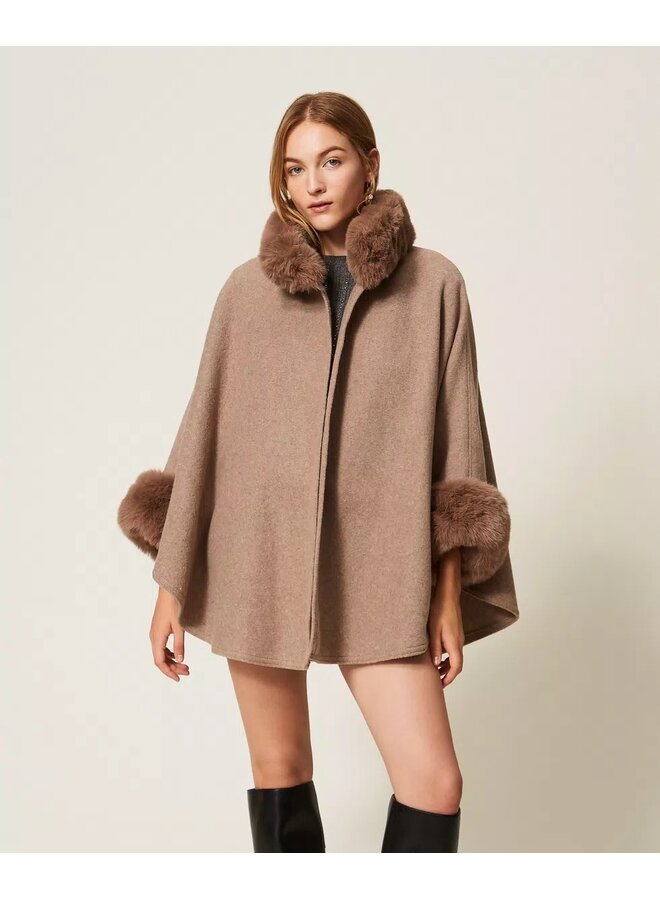Wool poncho Faux fur Putty melange