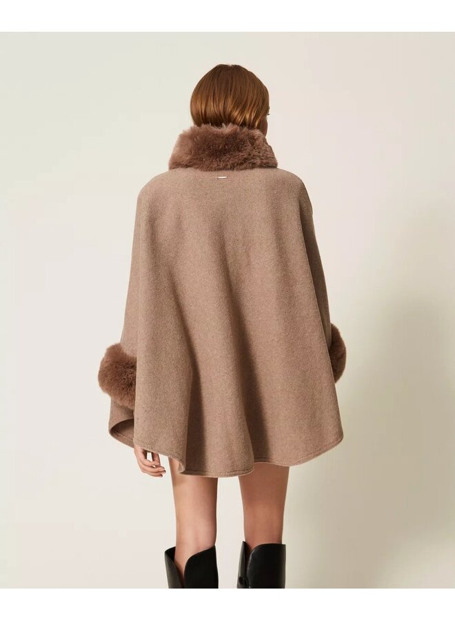 Wool poncho Faux fur Putty melange