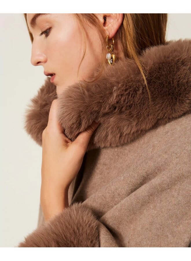 Wool poncho Faux fur Putty melange