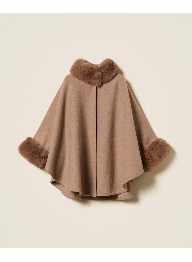 Wool poncho Faux fur Putty melange