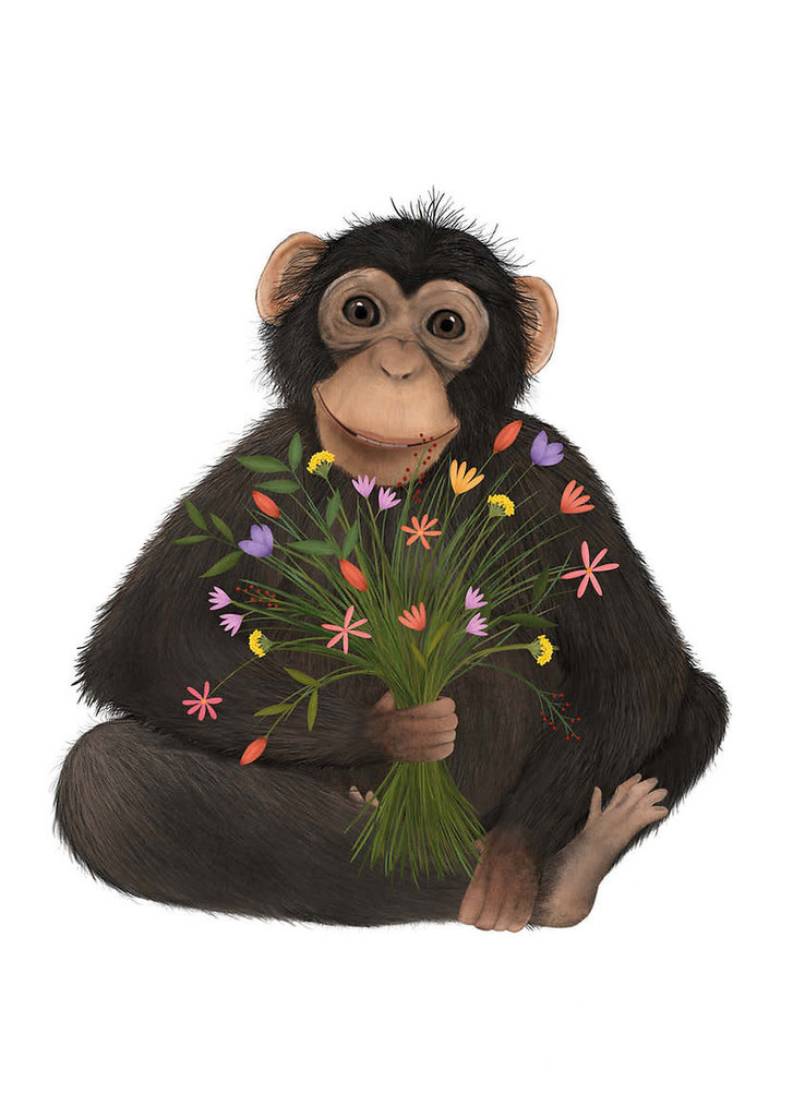 Getekenddoorzusje Chimpansee met bloemen A6