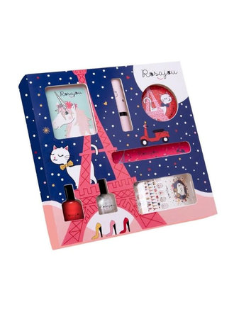Rosajou Coffret maquillage fard à joues Contient :  2 vernis Madame  et Perle et 1 rouge à lèvres (Ballerine) + 1 fard à joues + 1 planche tatouage + 1 miroir