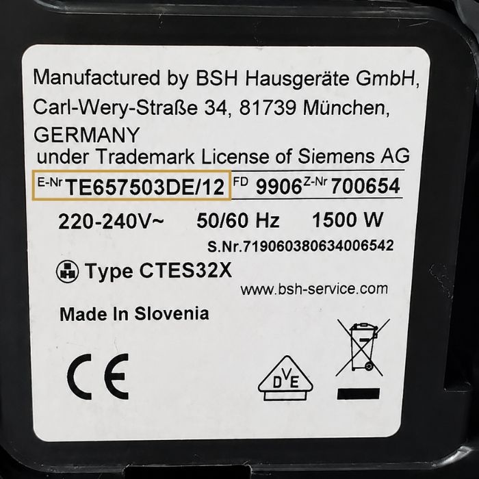 Voorbeeld typeplaatje Siemens koffiemachine met E-nummer