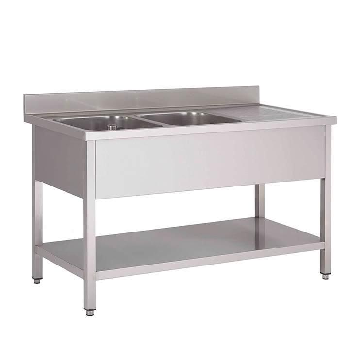 Gastro-Inox spoeltafel met links 2 spoelbakken en onderblad 1400(l)mm
