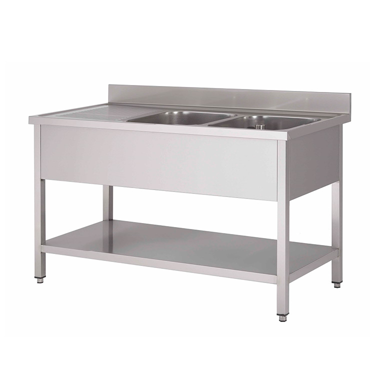 Gastro-Inox spoeltafel met rechts 2 spoelbakken en onderblad 1400(l)mm