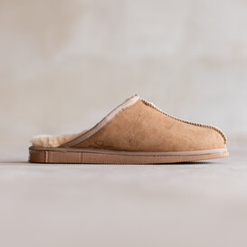 Herren Lammfell Hausschuhe - Slipper - Kamel/grau