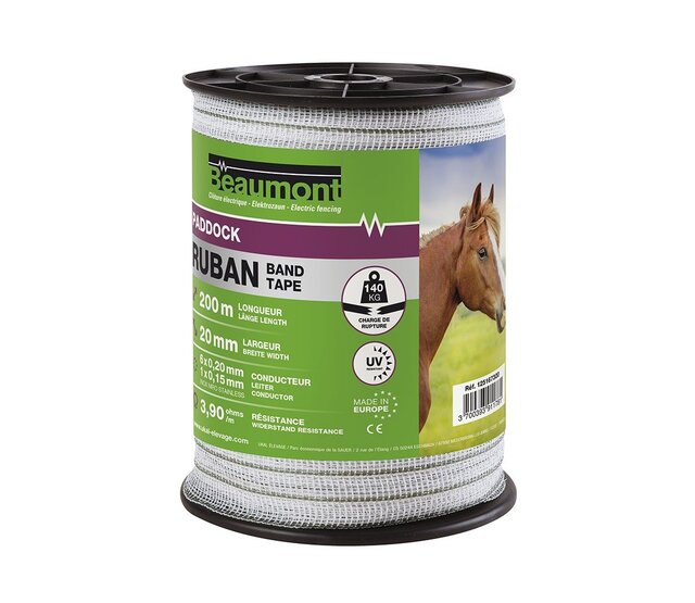 20mm/200m white and green PADDOCK BEAUMONT tape