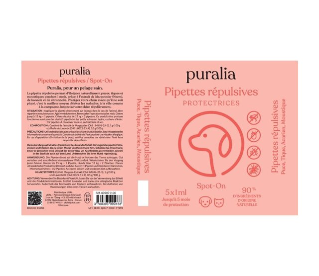 5 pipettes répulsives Spot-on  pour chiens et chats 1 ml PURALIA 5 pipettes répulsives Spot-on  pour chiens et chats 1 ml PURALIA