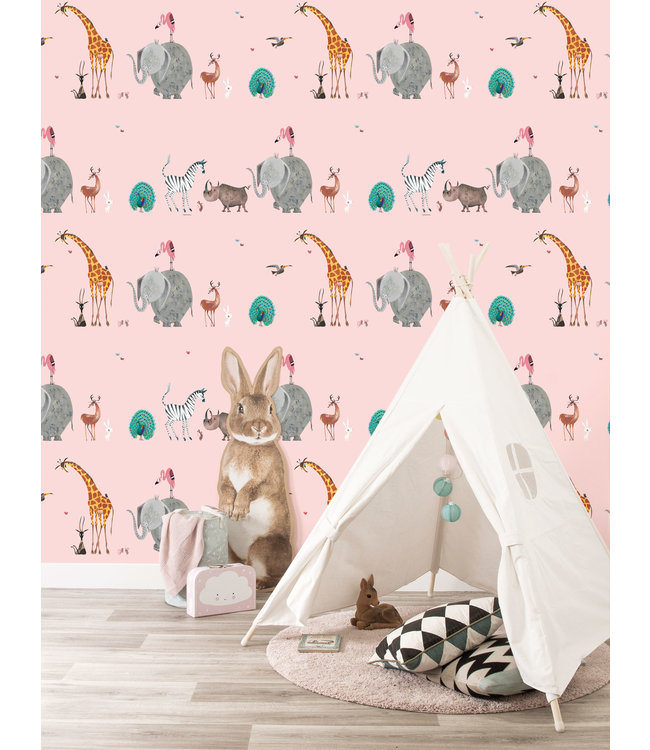 Behang Fiep Westendorp Dierenmix, Roze, 97.4 x 280 cm