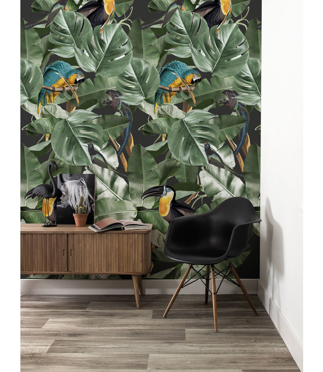 Botanical Wallpaper with Birds and Large Leaves WP-579 - KEK Amsterdam