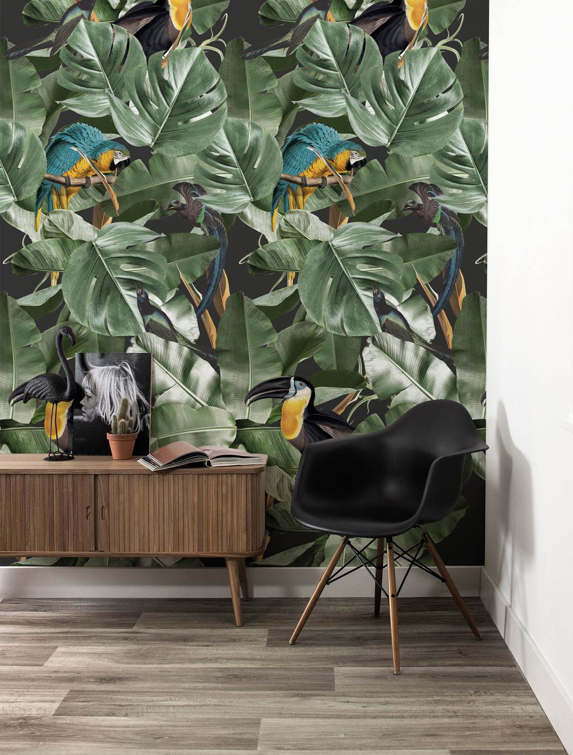 Botanical Wallpaper with Birds and Large Leaves WP-579 - KEK Amsterdam