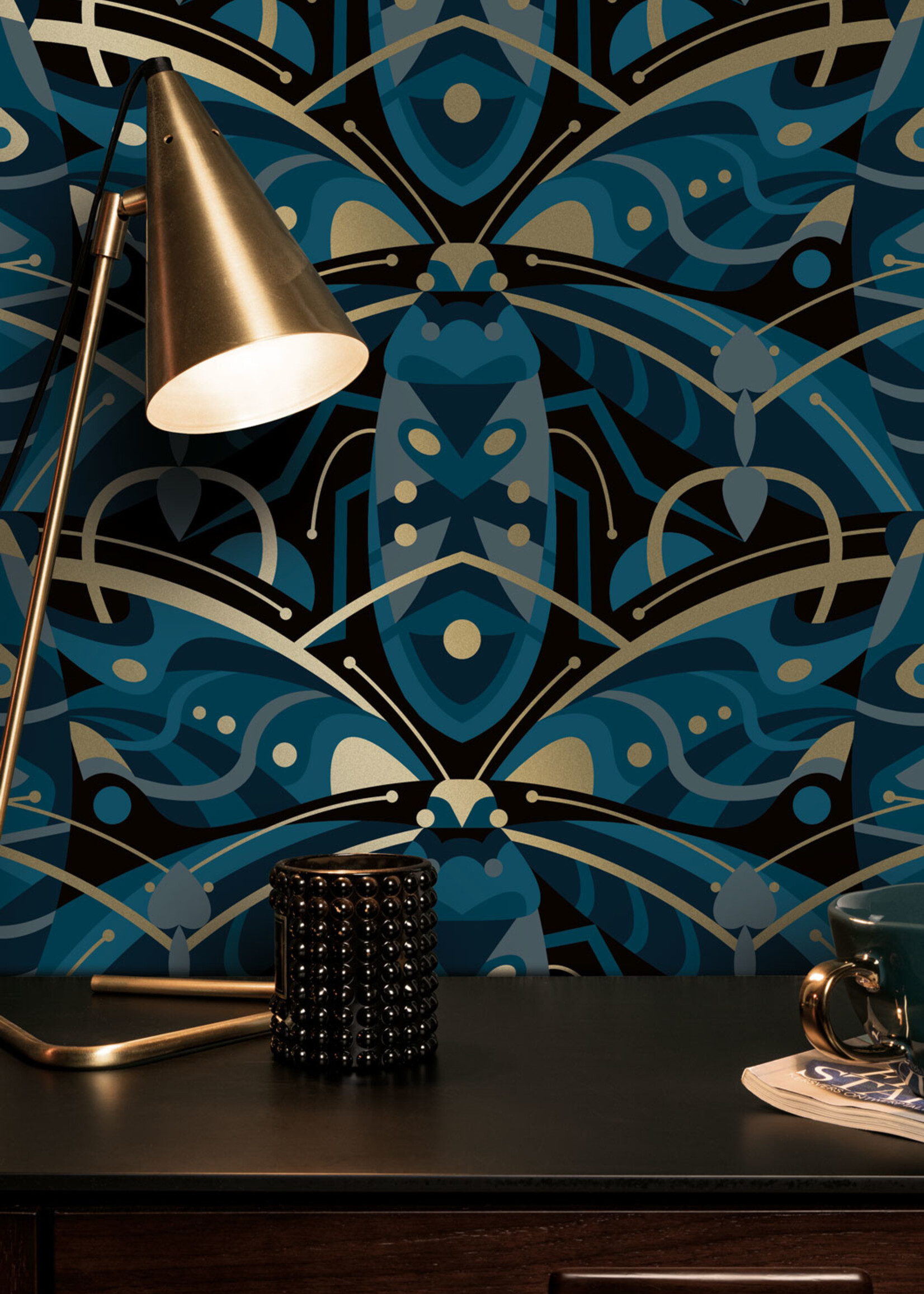Gold metallic wallpaper Art Déco Animaux, Beetle, Blue, 50 cm x 10 m