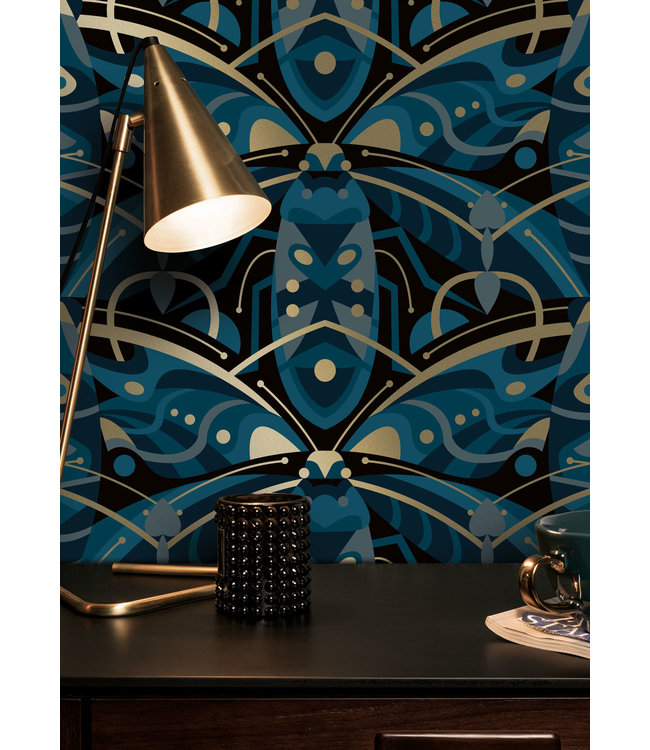 Goud behang Art Déco Animaux, Beetle, Blauw, 50 cm x 10 m