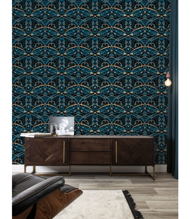 Gold metallic wallpaper Art Déco Animaux, Beetle, Blue, 50 cm x 10 m