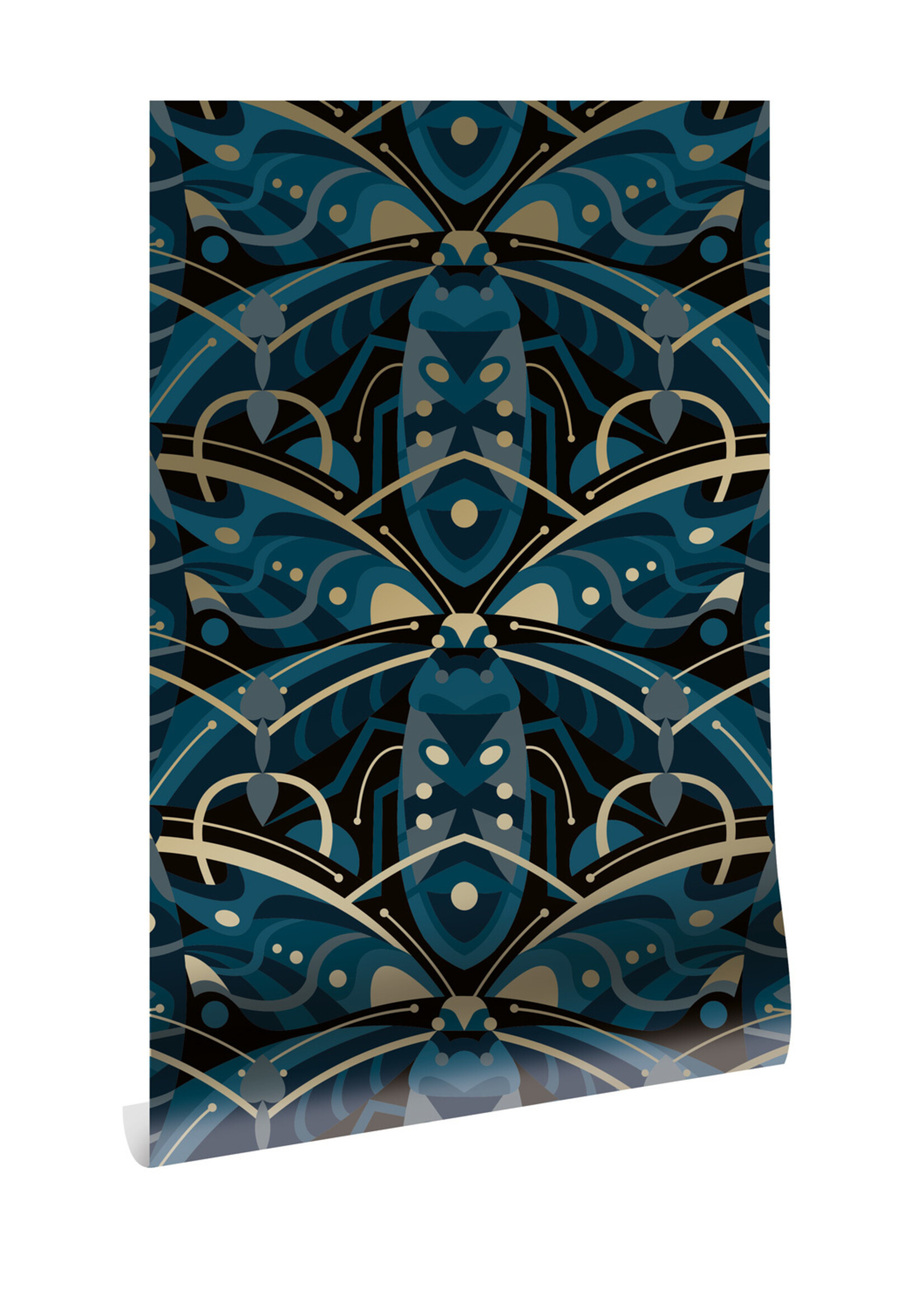 Goud behang Art Déco Animaux, Beetle, Blauw, 50 cm x 10 m