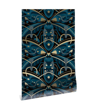 Goud metallic | Afwasbaar Goud behang Art Déco Animaux, Beetle, Blauw