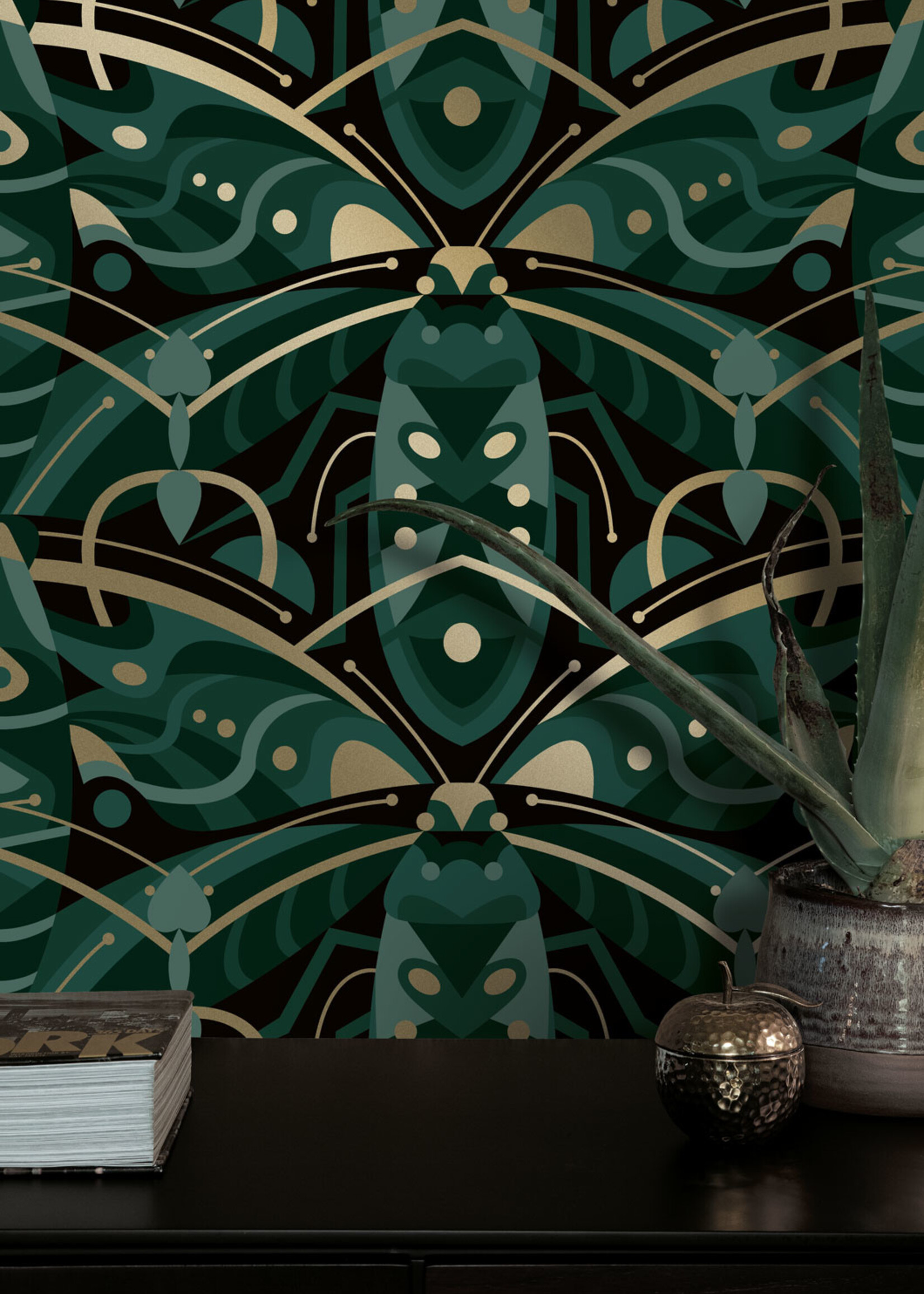 Gold metallic wallpaper Art Déco Animaux, Beetle, Green, 50 cm x 10 m