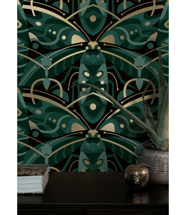 Gold-Tapete Art Déco Animaux, Beetle, Grün, 50 cm x 10 m