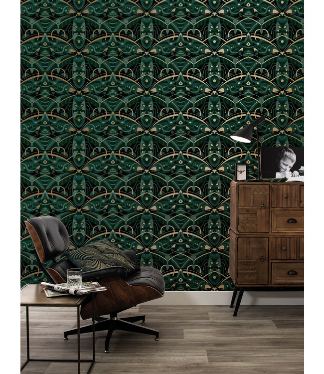 Goud behang Art Déco Animaux, Beetle, Groen, 50 cm x 10 m
