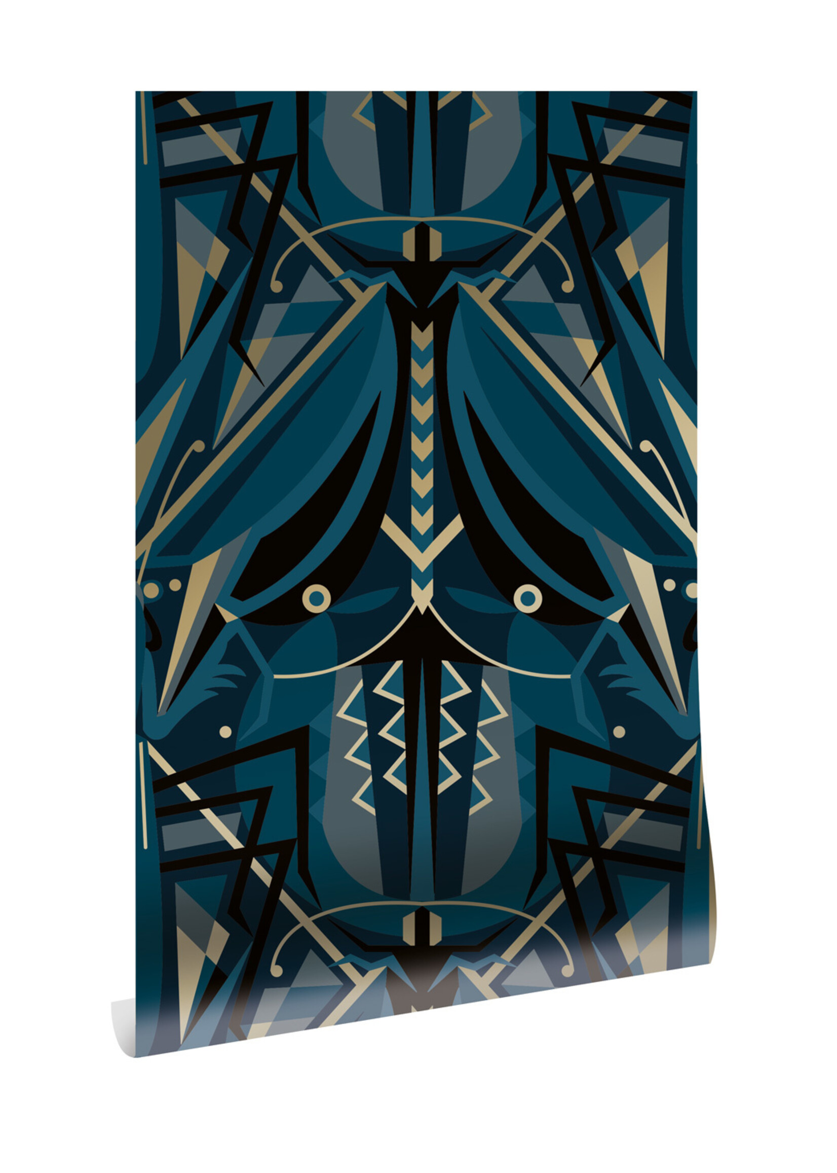 Goud behang Art Déco Animaux, Grasshopper, Blauw, 50 cm x 10 m