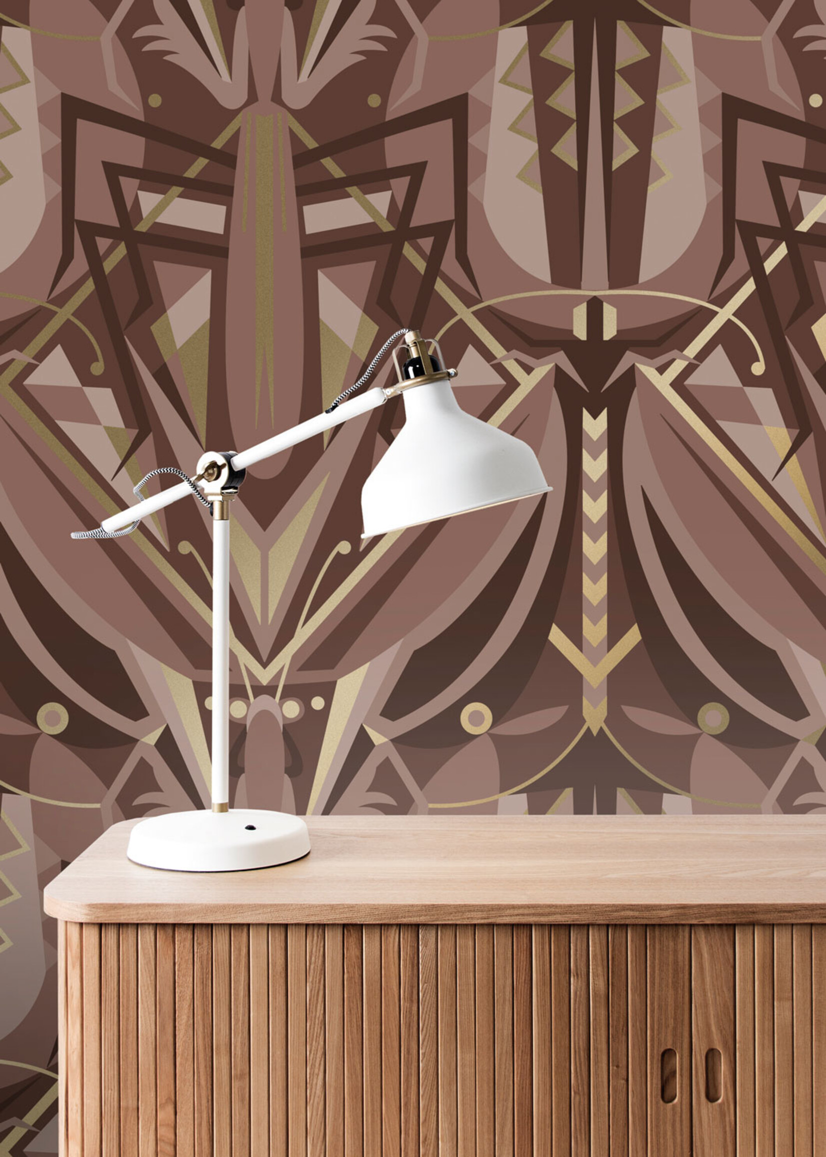 Gold metallic wallpaper Art Déco Animaux, Grasshopper, Taupe, 50 cm x 10 m