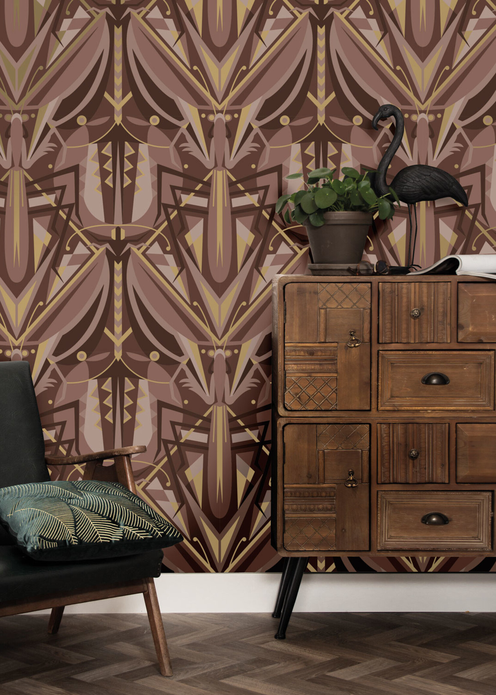 Gold metallic wallpaper Art Déco Animaux, Grasshopper, Taupe, 50 cm x 10 m