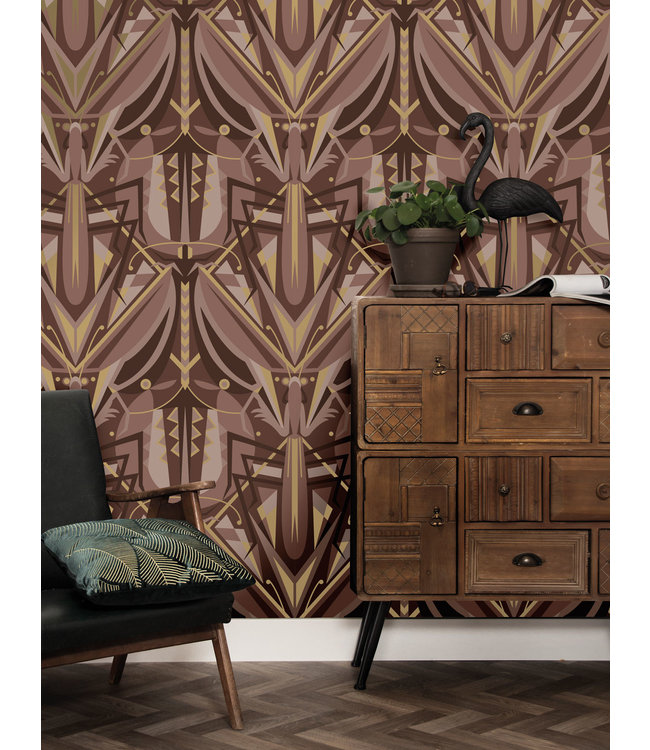Gold metallic wallpaper Art Déco Animaux, Grasshopper, Taupe, 50 cm x 10 m