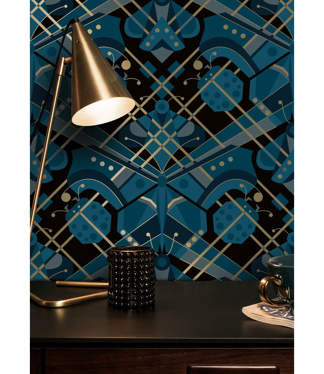 Gold metallic wallpaper Art Déco Animaux, Butterfly, Blue, 50 cm x 10 m