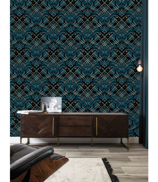 Gold metallic wallpaper Art Déco Animaux, Butterfly, Blue, 50 cm x 10 m