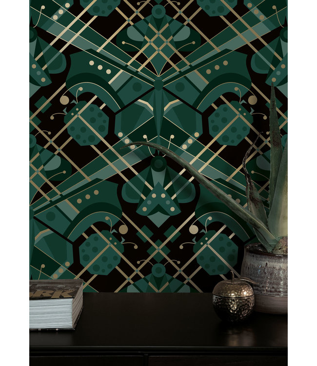 Gold metallic wallpaper Art Déco Animaux, Butterfly, Green, 50 cm x 10 m