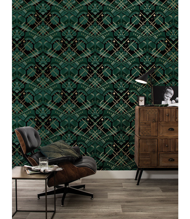 Gold metallic wallpaper Art Déco Animaux, Butterfly, Green, 50 cm x 10 m